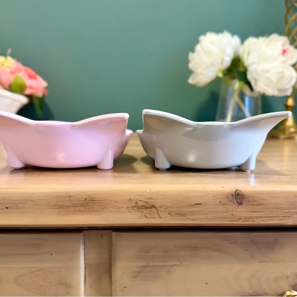 Pastel Cat Bowl Set Raised Kitty Ear Dishes Pink Gray Elevated Feeder Bowls